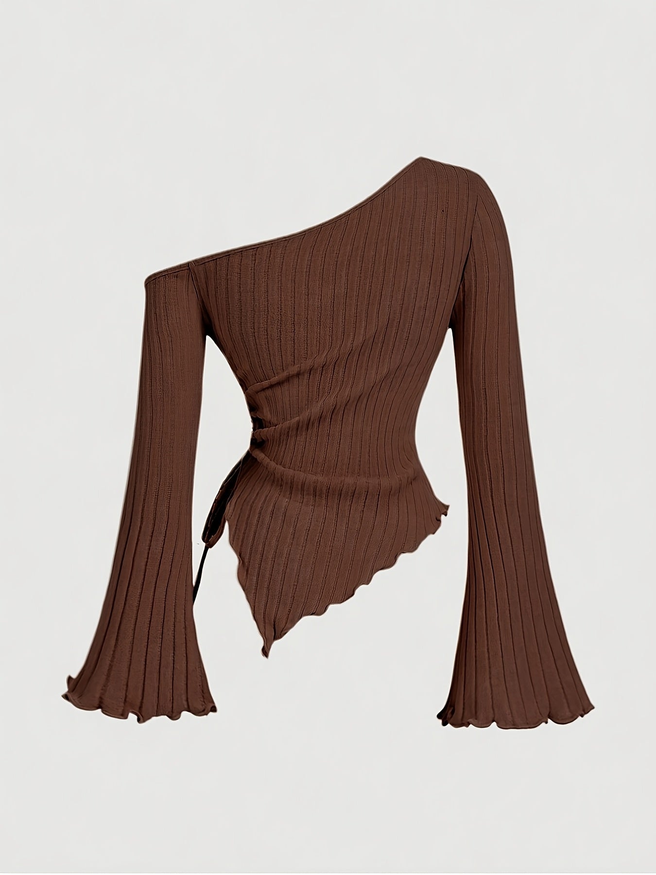 Elegant Asymmetrical Hem Flare Sleeve Off-Shoulder T-Shirt, Polyester Knit Fabric with Elastane, Solid Color, Long Batwing Sleeves, Skinny Fit, Medium Stretch, for All Seasons voguable