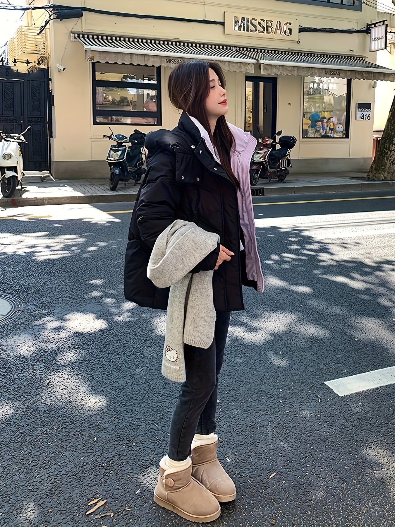 1pc Korean-Style Short Puffer Jacket, 100% Polyester Solid Color, Long Sleeve Regular Length, Woven Fabric, No Belt, Waterproof-Resistant voguable