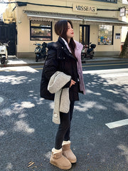 1pc Korean-Style Short Puffer Jacket, 100% Polyester Solid Color, Long Sleeve Regular Length, Woven Fabric, No Belt, Waterproof-Resistant voguable