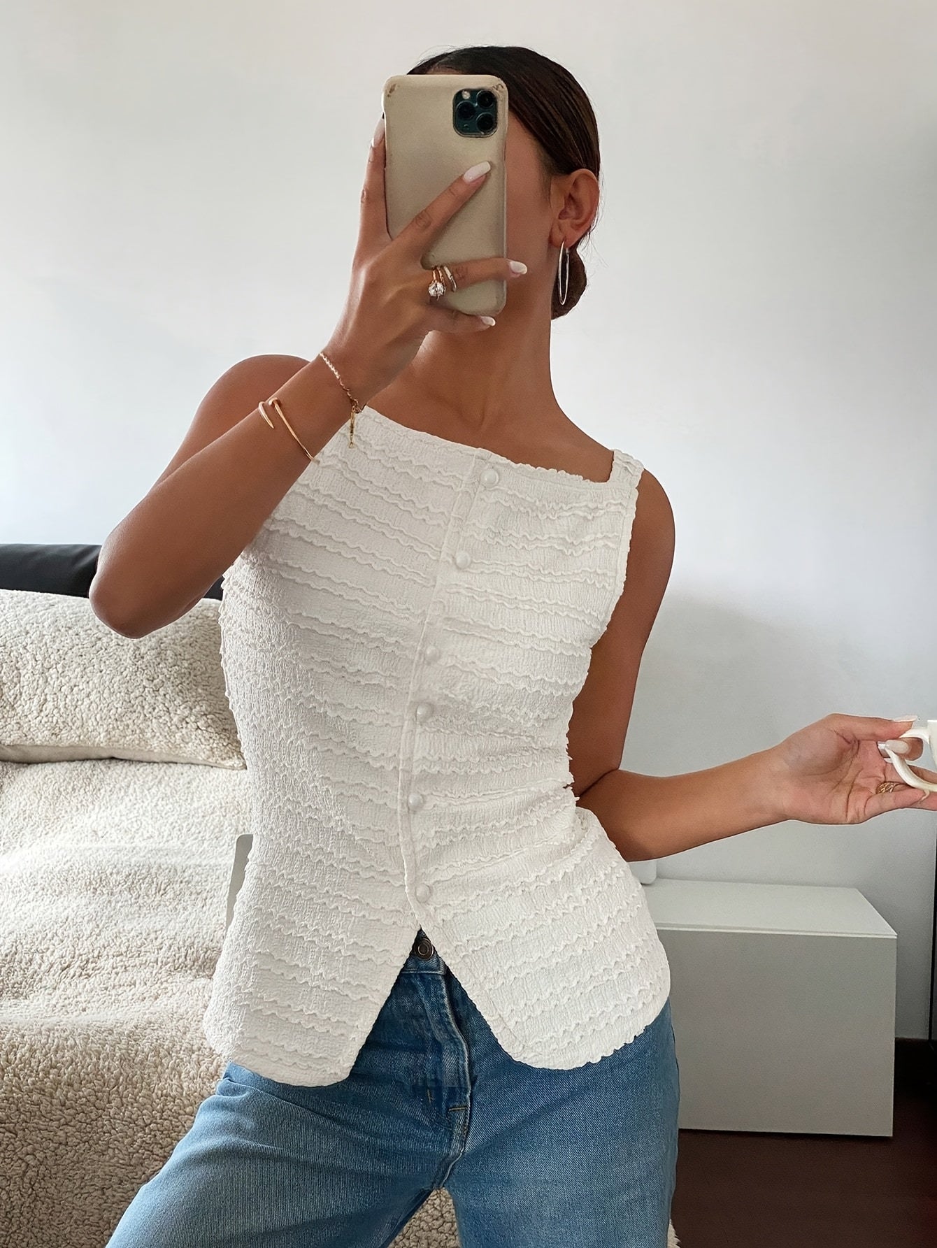 [Sleeveless Textured Cardigan Elegant Shirt] Women's square collar cardigan buttonless sleeveless textured horizontal striped elegant shirt, waist-tightening top, commuting minimalist office old money loose, simple Women's to voguable