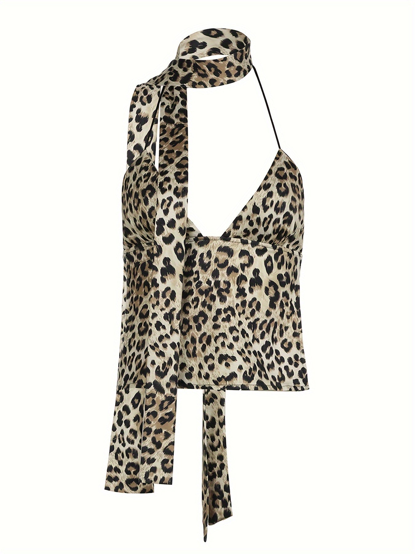Leopard Print Halter Neck Top, Sexy Backless Tie Back Sleeveless Top for Spring & Summer, Women's Clothing voguable