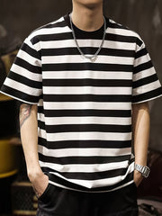 Men's Striped T-shirt, Casual Short Sleeve Crew Neck Tee, Men's Clothing for Outdoor gotmes-shop