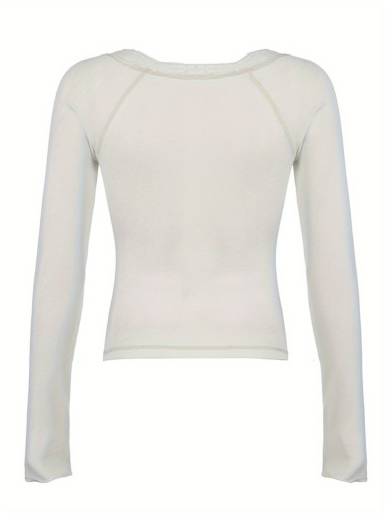 Y2K-Inspired Vintage Lace Trim Colorblock T-Shirt - Stretchy, Long Sleeve, V-Neck Top for Women - Perfect for Spring & Fall voguable