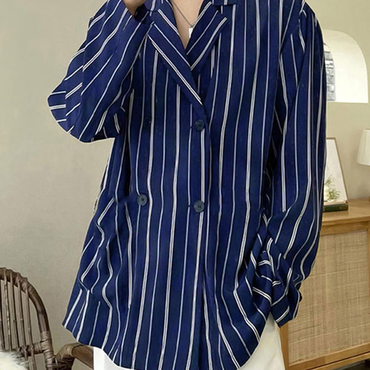Men's Classic Stripe Polyester Shirt - 100% Woven Polyester, Lapel Collar, Non-Stretch, Button Detail, Loose Fit, Double Breasted, Long Sleeve, Casual Work Shirt for Spring/Fall gotmes-shop