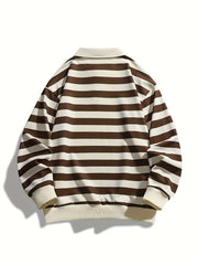 [Regular Fit Striped Polo Shirt] Men's Striped Long Sleeve Polo Shirt, Casual Style, Polyester Fabric, Regular Fit, Knitted, Crew Neck, No Detail, Regular Type, Sportswear T-Shirt voguable