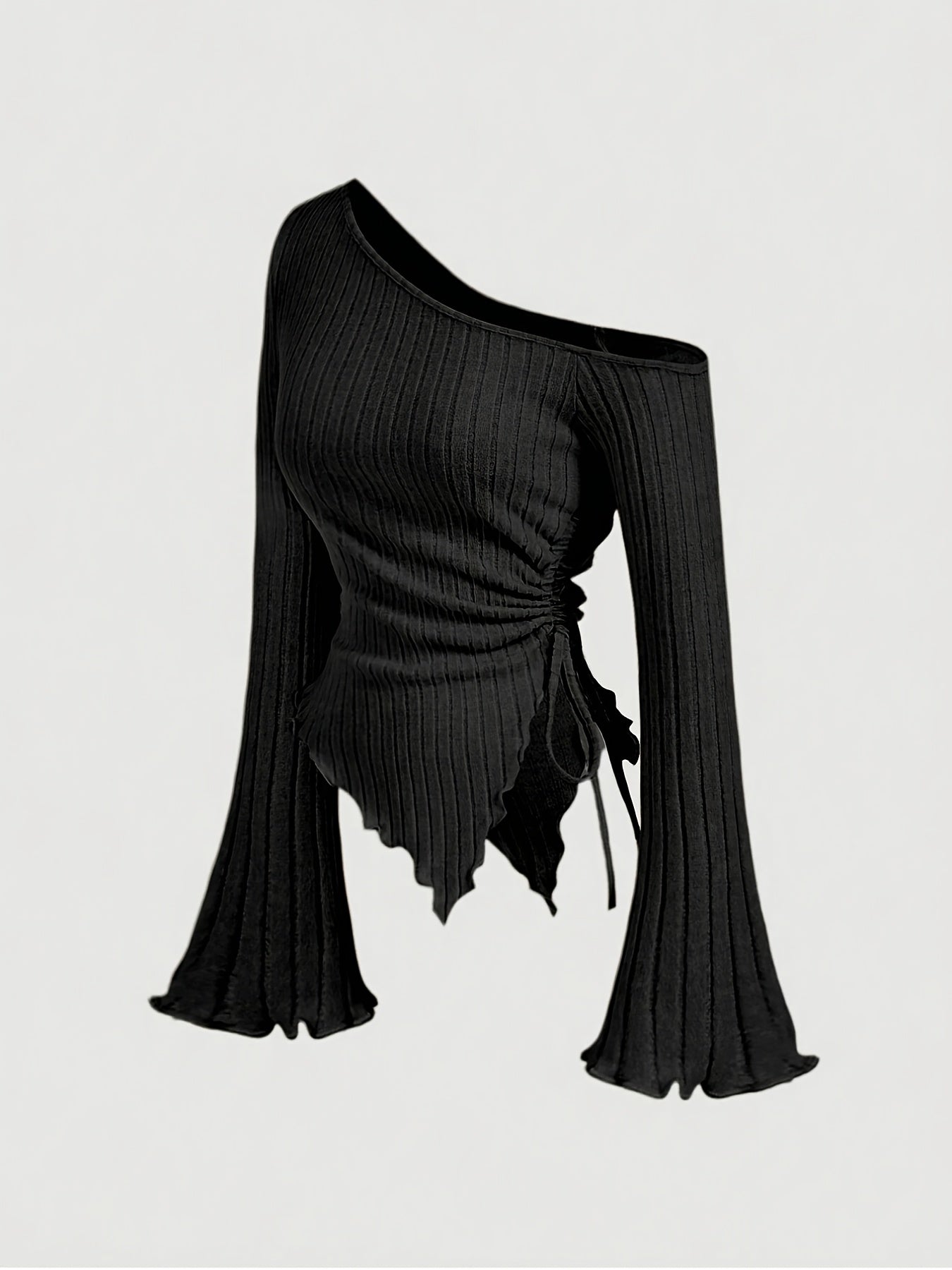 Elegant Asymmetrical Hem Flare Sleeve Off-Shoulder T-Shirt, Polyester Knit Fabric with Elastane, Solid Color, Long Batwing Sleeves, Skinny Fit, Medium Stretch, for All Seasons voguable