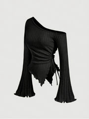 Elegant Asymmetrical Hem Flare Sleeve Off-Shoulder T-Shirt, Polyester Knit Fabric with Elastane, Solid Color, Long Batwing Sleeves, Skinny Fit, Medium Stretch, for All Seasons voguable