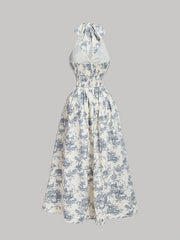 Print Women's Vintage Blue Floral Porcelain Dress - Halter Neck, Backless, A-Line, Long Dress with Ruffled Detail - Perfect for Spring/Summer/Fall Events, Casual & Semi-Sheer Polyester, Machine Washable voguable