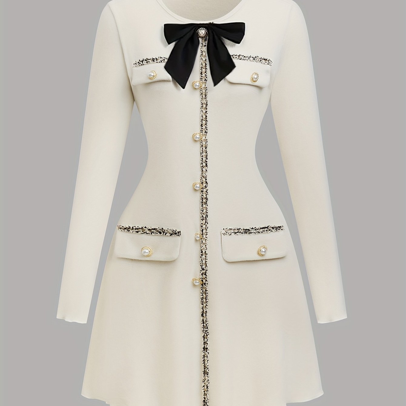 Elegant Long Sleeve A-line Dress - Button Front Bow Decor, Spring & Fall, Women's Clothing voguable