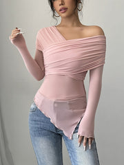 Long Sleeve Polyester Blend Off the Shoulder Asymmetrical Hem T-Shirt - Medium Stretch Knit Fabric, Solid Color, for Spring/Summer/Fall voguable
