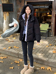 1pc Korean-Style Short Puffer Jacket, 100% Polyester Solid Color, Long Sleeve Regular Length, Woven Fabric, No Belt, Waterproof-Resistant voguable