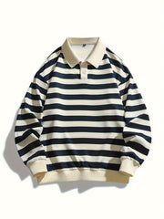 [Regular Fit Striped Polo Shirt] Men's Striped Long Sleeve Polo Shirt, Casual Style, Polyester Fabric, Regular Fit, Knitted, Crew Neck, No Detail, Regular Type, Sportswear T-Shirt voguable