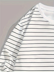 Men's Simple Black Striped Print Long Sleeve T-Shirt, Versatile for Spring/Autumn, Casual Round Neck, Polyester Fabric, Regular Fit, Adult Size gotmes-shop