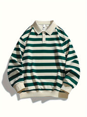[Regular Fit Striped Polo Shirt] Men's Striped Long Sleeve Polo Shirt, Casual Style, Polyester Fabric, Regular Fit, Knitted, Crew Neck, No Detail, Regular Type, Sportswear T-Shirt voguable