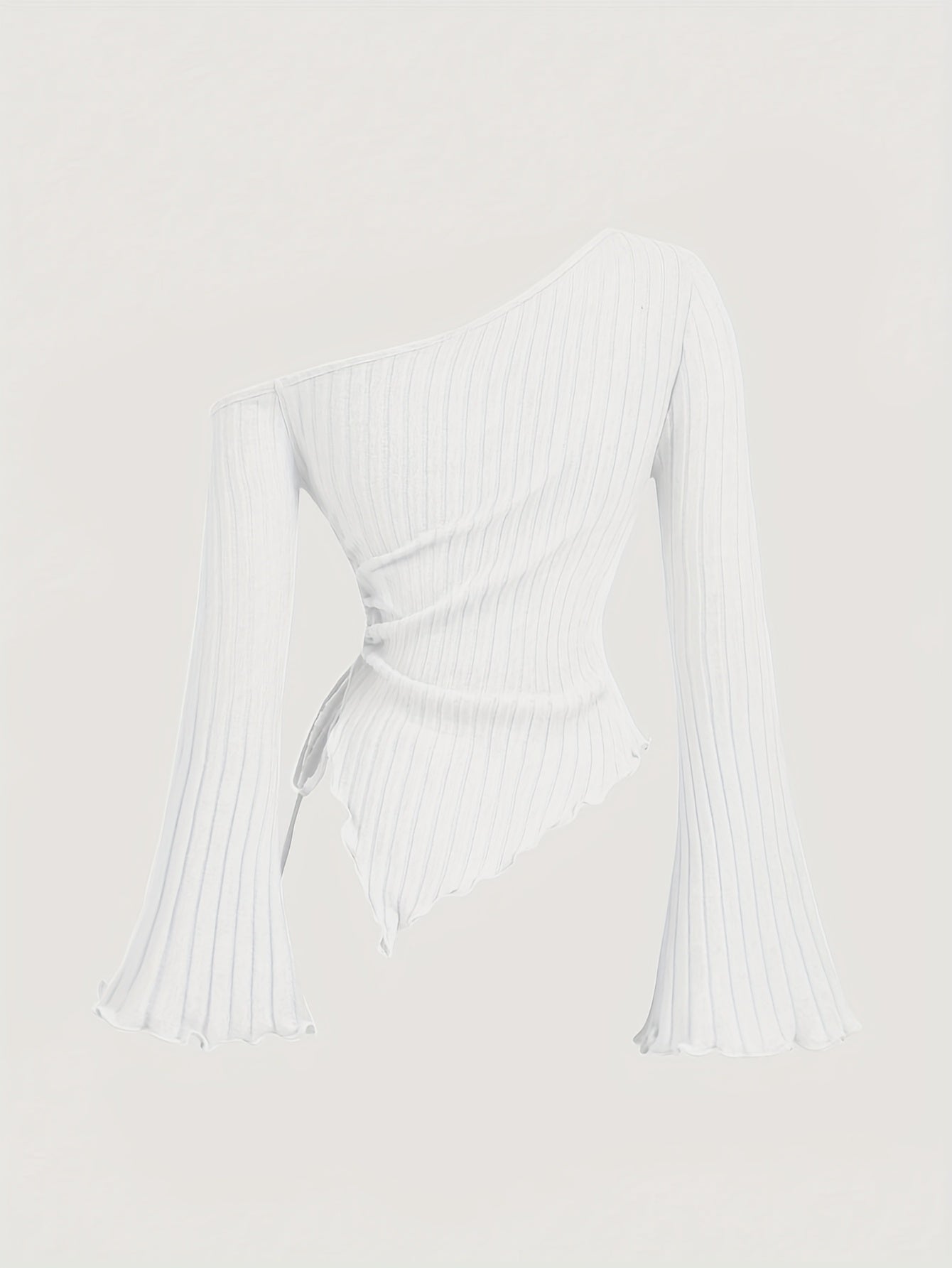 Elegant Asymmetrical Hem Flare Sleeve Off-Shoulder T-Shirt, Polyester Knit Fabric with Elastane, Solid Color, Long Batwing Sleeves, Skinny Fit, Medium Stretch, for All Seasons voguable