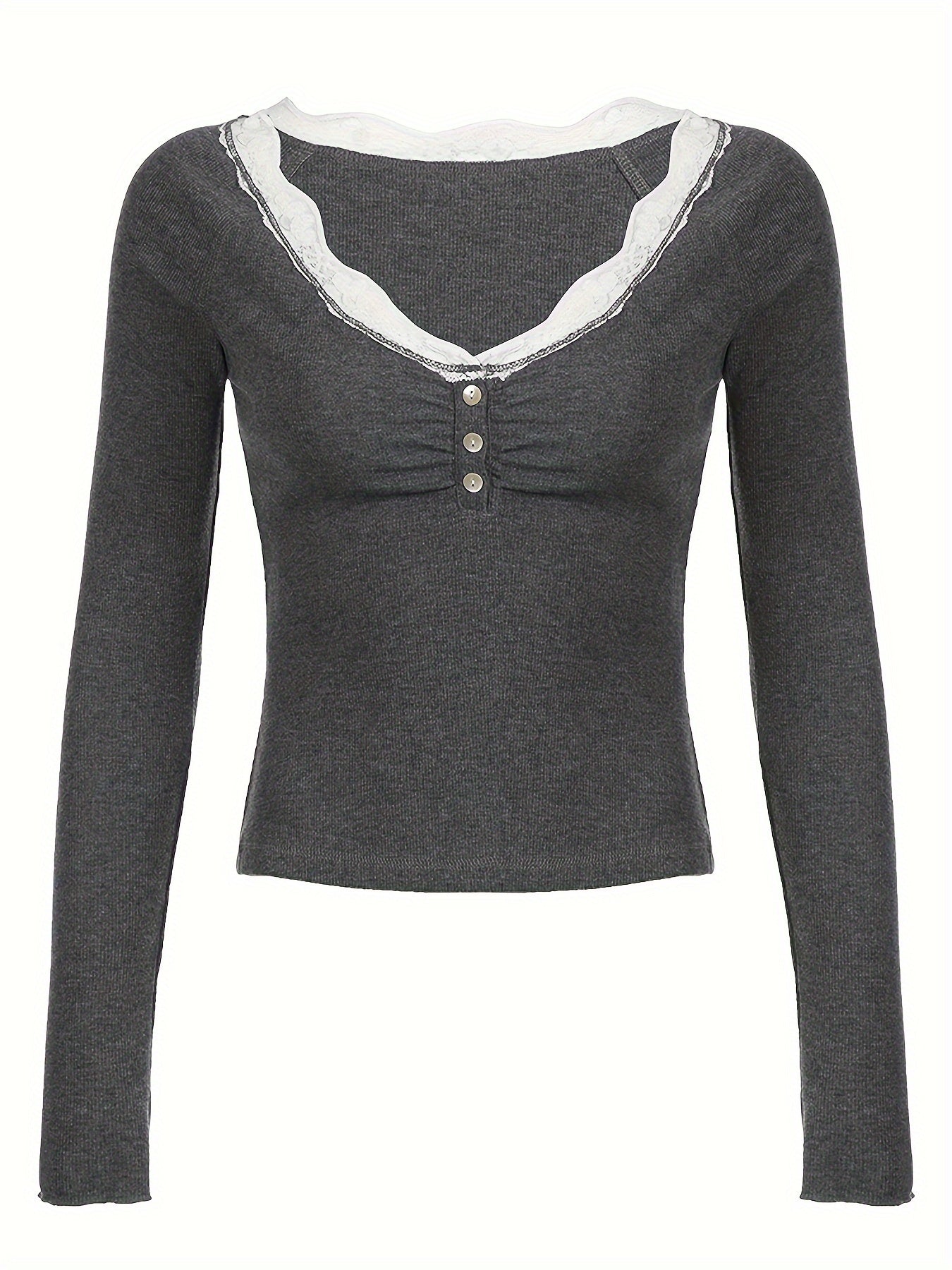 Y2K-Inspired Vintage Lace Trim Colorblock T-Shirt - Stretchy, Long Sleeve, V-Neck Top for Women - Perfect for Spring & Fall voguable