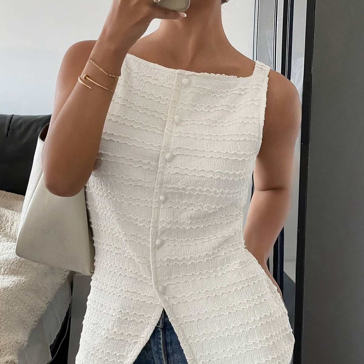 [Sleeveless Textured Cardigan Elegant Shirt] Women's square collar cardigan buttonless sleeveless textured horizontal striped elegant shirt, waist-tightening top, commuting minimalist office old money loose, simple Women's to voguable
