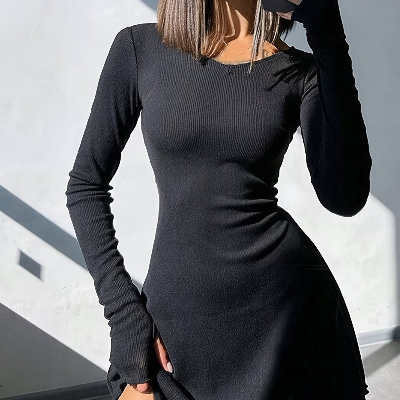 [High Stretch V-Neck Dress] Elegant Polyester Women's Dress With V-Neck, Adjustable Tie Back, High Stretch Fabric, Spring/Autumn Fashion voguable