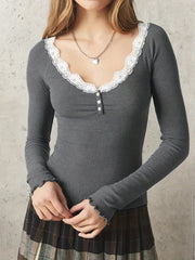 Y2K-Inspired Vintage Lace Trim Colorblock T-Shirt - Stretchy, Long Sleeve, V-Neck Top for Women - Perfect for Spring & Fall voguable