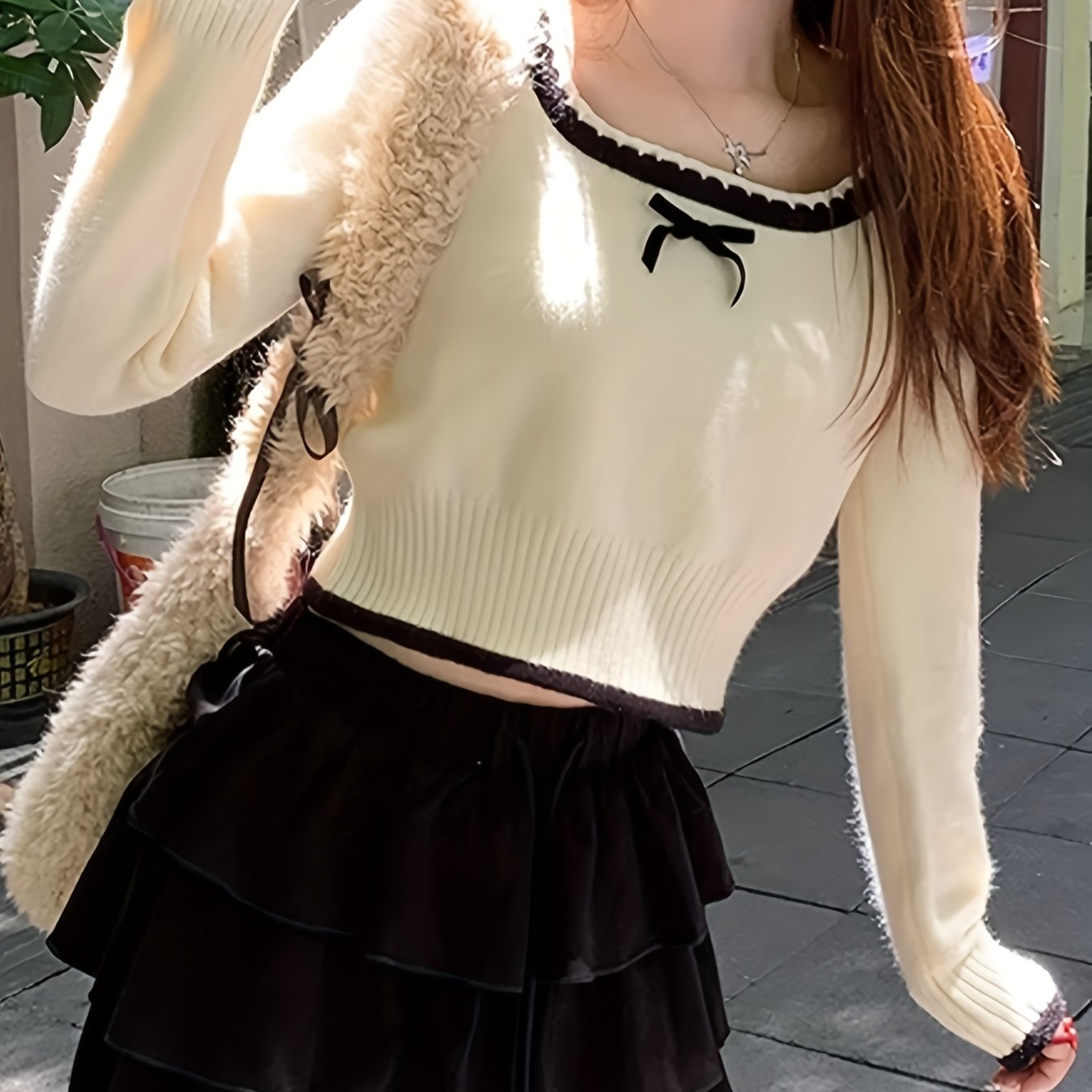 Casual Knitwear] Chic Women's Beige Knit Top with Bowknot Detail - Square Neck, Long Sleeve, Ribbed Trim, Polyester - Machine Washable for Spring/Fall Fashion voguable
