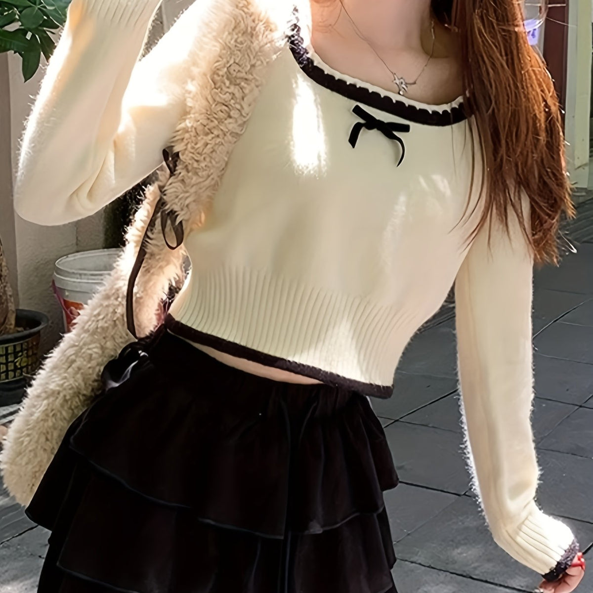 Casual Knitwear] Chic Women's Beige Knit Top with Bowknot Detail - Square Neck, Long Sleeve, Ribbed Trim, Polyester - Machine Washable for Spring/Fall Fashion voguable