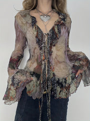 Vintage Printed Mesh T-Shirt with a Fairy-Like Trash Style, Featuring Ruffled Edges, Tie Straps, And Bell Sleeves in a Sheer Design. voguable