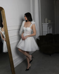 Customized Glitter Bridal Dress 2025 Strapless Corset Short Wedding Gown Bow Tulle Wedding Dress Wedding Party Dress voguable