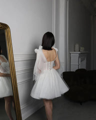 Customized Glitter Bridal Dress 2025 Strapless Corset Short Wedding Gown Bow Tulle Wedding Dress Wedding Party Dress voguable
