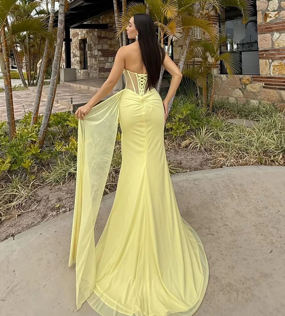Yellow Corset Mermaid Prom Dress Strapless High Slit Sexy Evening Gown Ruched Bodycon Formal Party Dress Customized voguable
