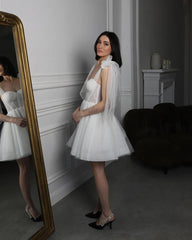 Customized Glitter Bridal Dress 2025 Strapless Corset Short Wedding Gown Bow Tulle Wedding Dress Wedding Party Dress voguable