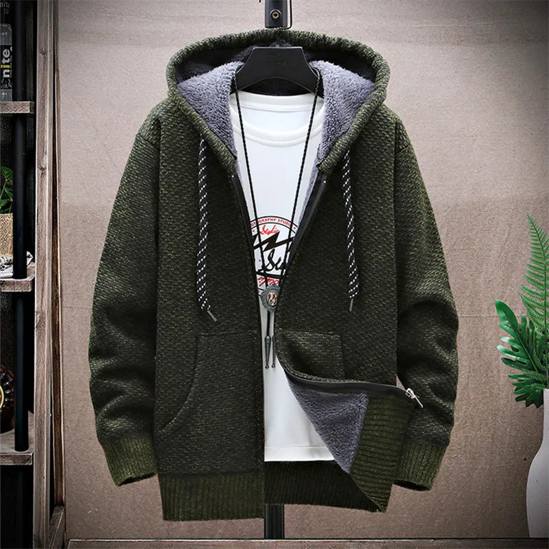 Winter Fleece Sweatercoat Men Thick Warm Hooded Kintted Mens Sweater Cardigan Solid Casual Knitting Jacket Coat Male Clothing voguable