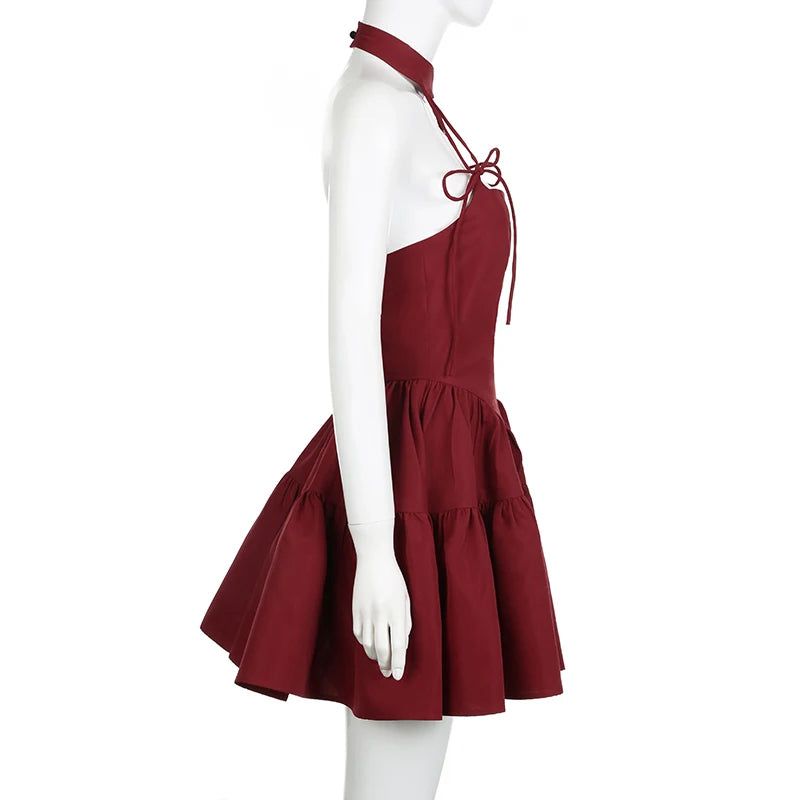 Voguable  Christmas Party A-line Sleeveless Dress Red Black Kawaii Bow Halter Ball Gown Princess Dresses Kawaii Lolita Korean voguable