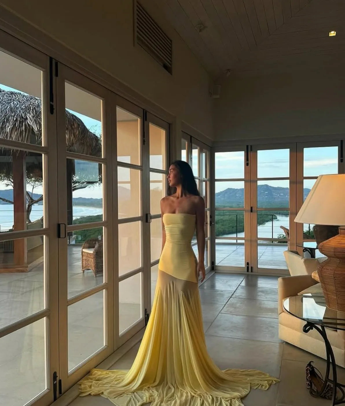 Customized Elegant Strapless Yellow Elegant Evening Gown 2025 Chiffon Mermaid  Long Prom Dress Formal Party Gown voguable
