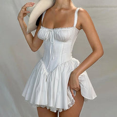 Voguable  High-quality Lace Panel A-line Dress White Coquette Party Holiday Sleeveless Mini Corset Dresses Elegant Sweet Robe New voguable
