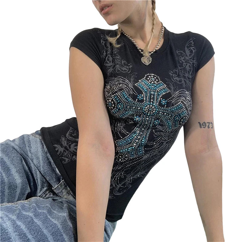 Goth T Shirts y2k Aesthetic Fairy Grunge Clothes Rhinestone Cross Wings Pattern Short Sleeve Tops Women Streetwear voguable