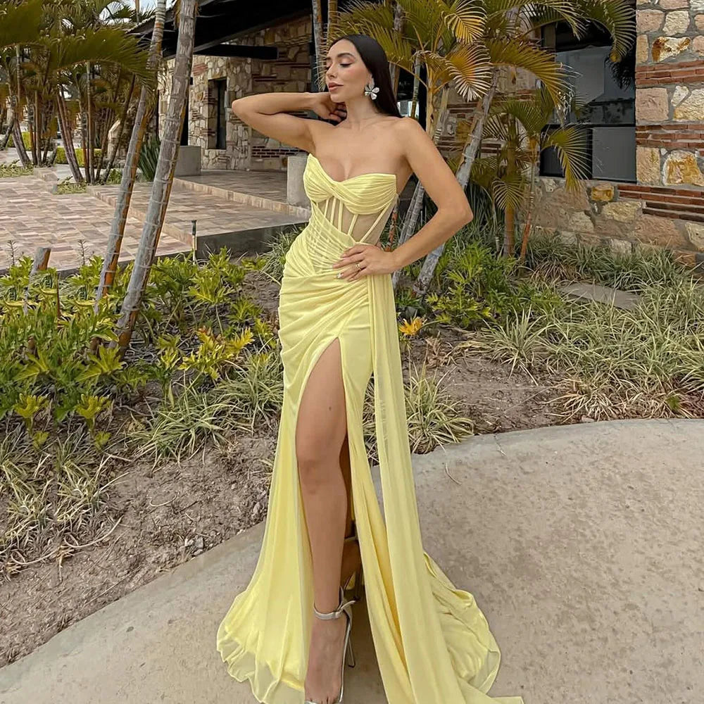 Yellow Corset Mermaid Prom Dress Strapless High Slit Sexy Evening Gown Ruched Bodycon Formal Party Dress Customized voguable