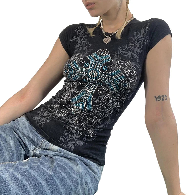 Goth T Shirts y2k Aesthetic Fairy Grunge Clothes Rhinestone Cross Wings Pattern Short Sleeve Tops Women Streetwear voguable