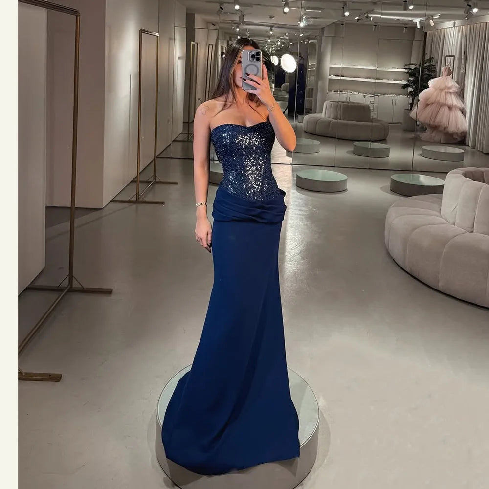 Elegant Sequin Prom Dress Strapless Pleats Mermaid Birthday Gown Formal Evening Dress Party Gown Customized voguable