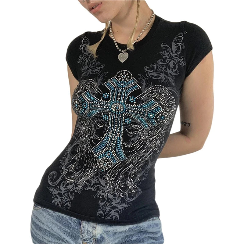 Goth T Shirts y2k Aesthetic Fairy Grunge Clothes Rhinestone Cross Wings Pattern Short Sleeve Tops Women Streetwear voguable