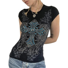 Goth T Shirts y2k Aesthetic Fairy Grunge Clothes Rhinestone Cross Wings Pattern Short Sleeve Tops Women Streetwear voguable