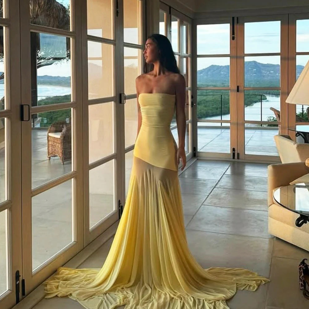 Customized Elegant Strapless Yellow Elegant Evening Gown 2025 Chiffon Mermaid  Long Prom Dress Formal Party Gown voguable