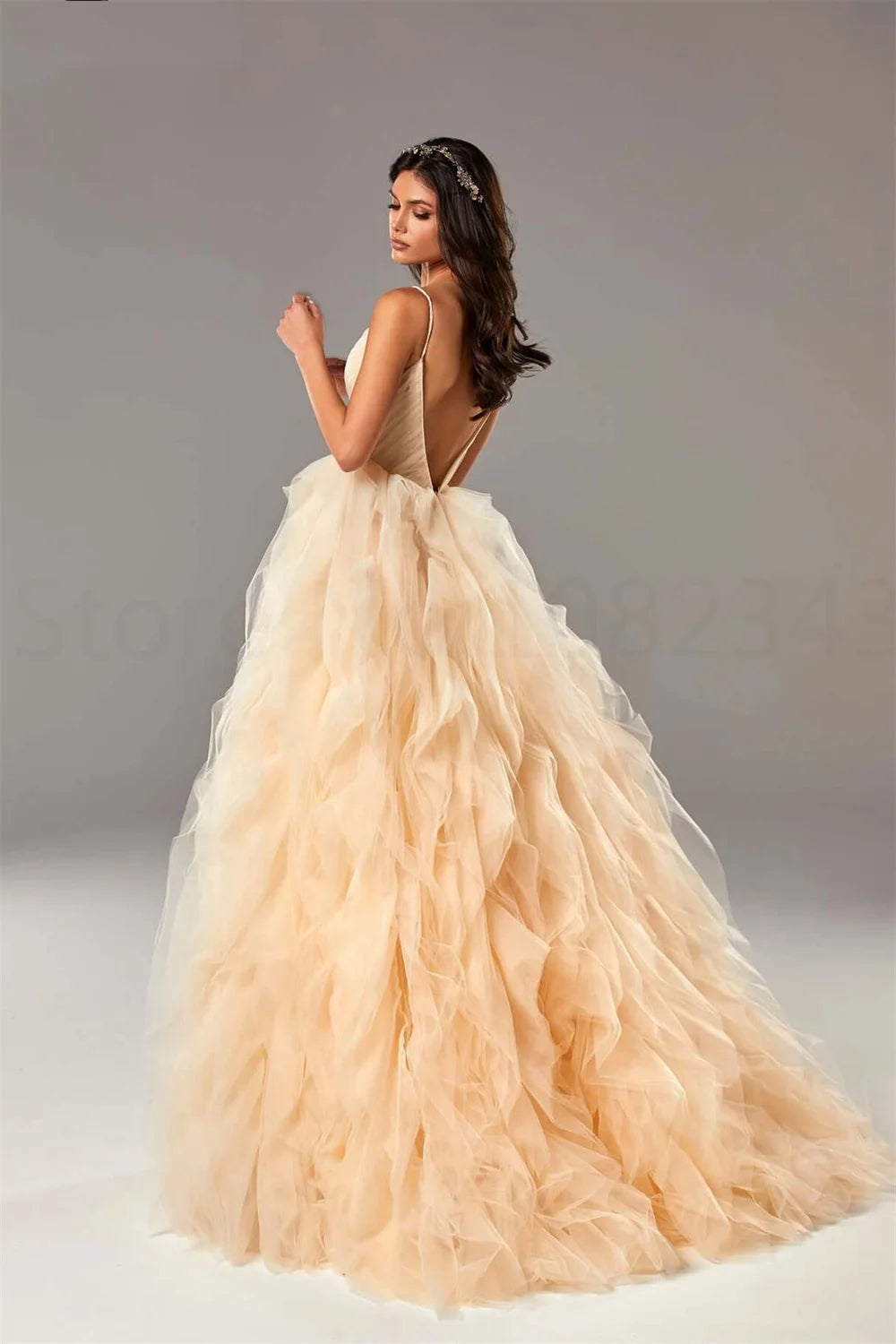 Voguable   Princess Organza Prom Dress Sexy Spaghetti Straps Evening Dress Elegant Ball  Arabic Women Formal Prom Dress voguable
