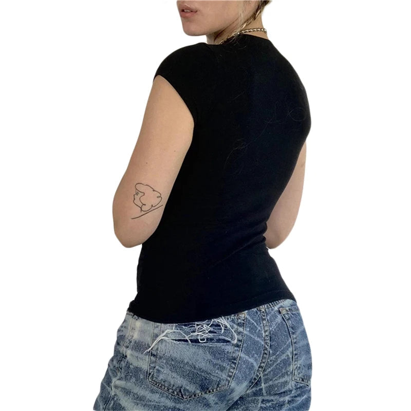 Goth T Shirts y2k Aesthetic Fairy Grunge Clothes Rhinestone Cross Wings Pattern Short Sleeve Tops Women Streetwear voguable