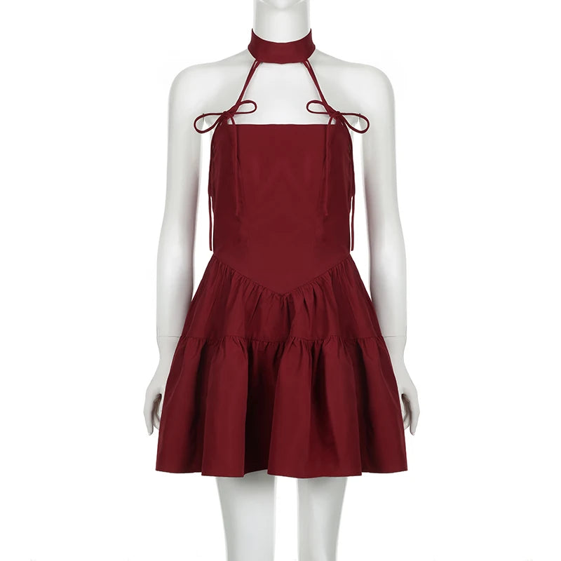 Voguable  Christmas Party A-line Sleeveless Dress Red Black Kawaii Bow Halter Ball Gown Princess Dresses Kawaii Lolita Korean voguable