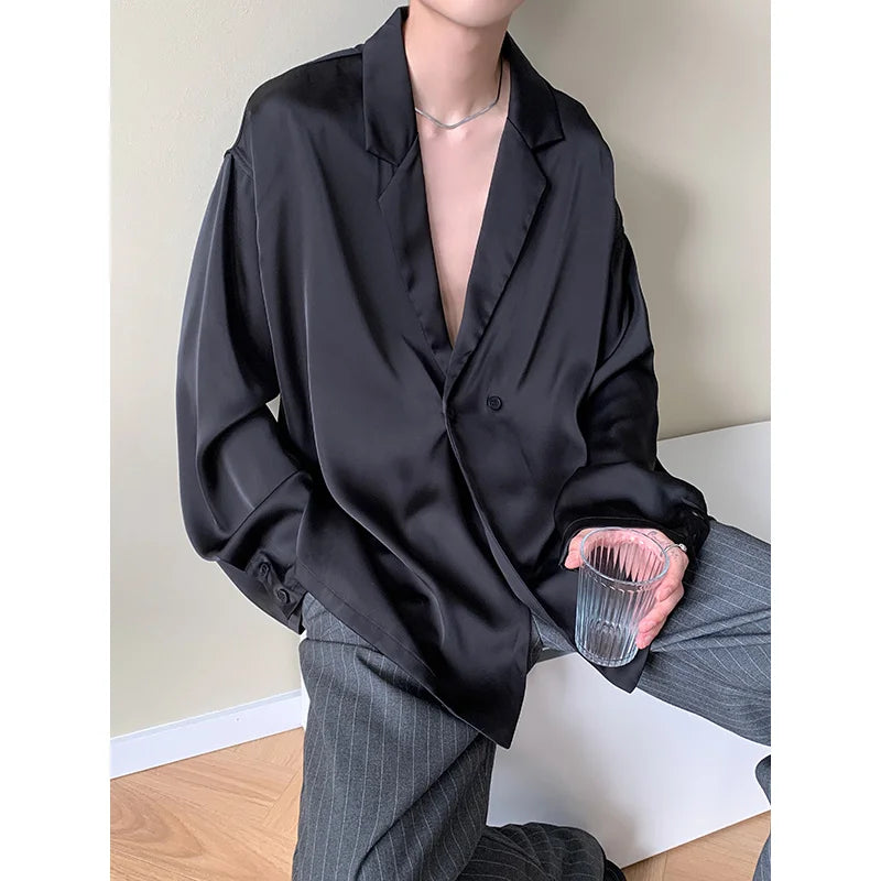 Voguable Summer Black White Silk Blazer Men's Fashion Business Society Men Suit Jacket Korean Loose Casual Dress Jacket Men M-XL voguable