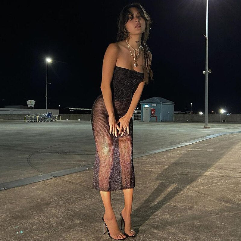 Voguable  Mesh Off Shoulder Black Sleeveless Patchwork See Through Sexy Midi Dress Summer Bodycon Holiday Party Outfits Y2K voguable