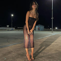 Voguable  Mesh Off Shoulder Black Sleeveless Patchwork See Through Sexy Midi Dress Summer Bodycon Holiday Party Outfits Y2K voguable