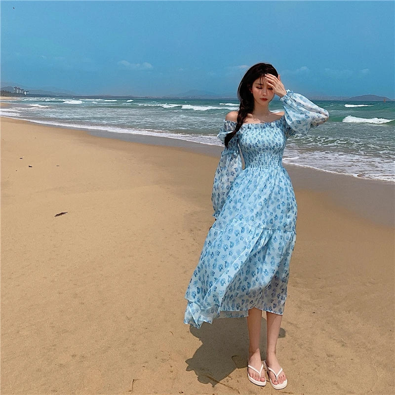 Voguable Design Floral Dress Women Summer Puffer Sleeve Beach One Piece Dress Korean Elegant Vintage Dress Female Chic Square Collar voguable