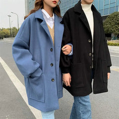 Lovers Mid-Length Woolen Coat Men's Autumn Winter Thickened Big Fleece Windbreaker Korean Trend British Solid Simple Streetwear