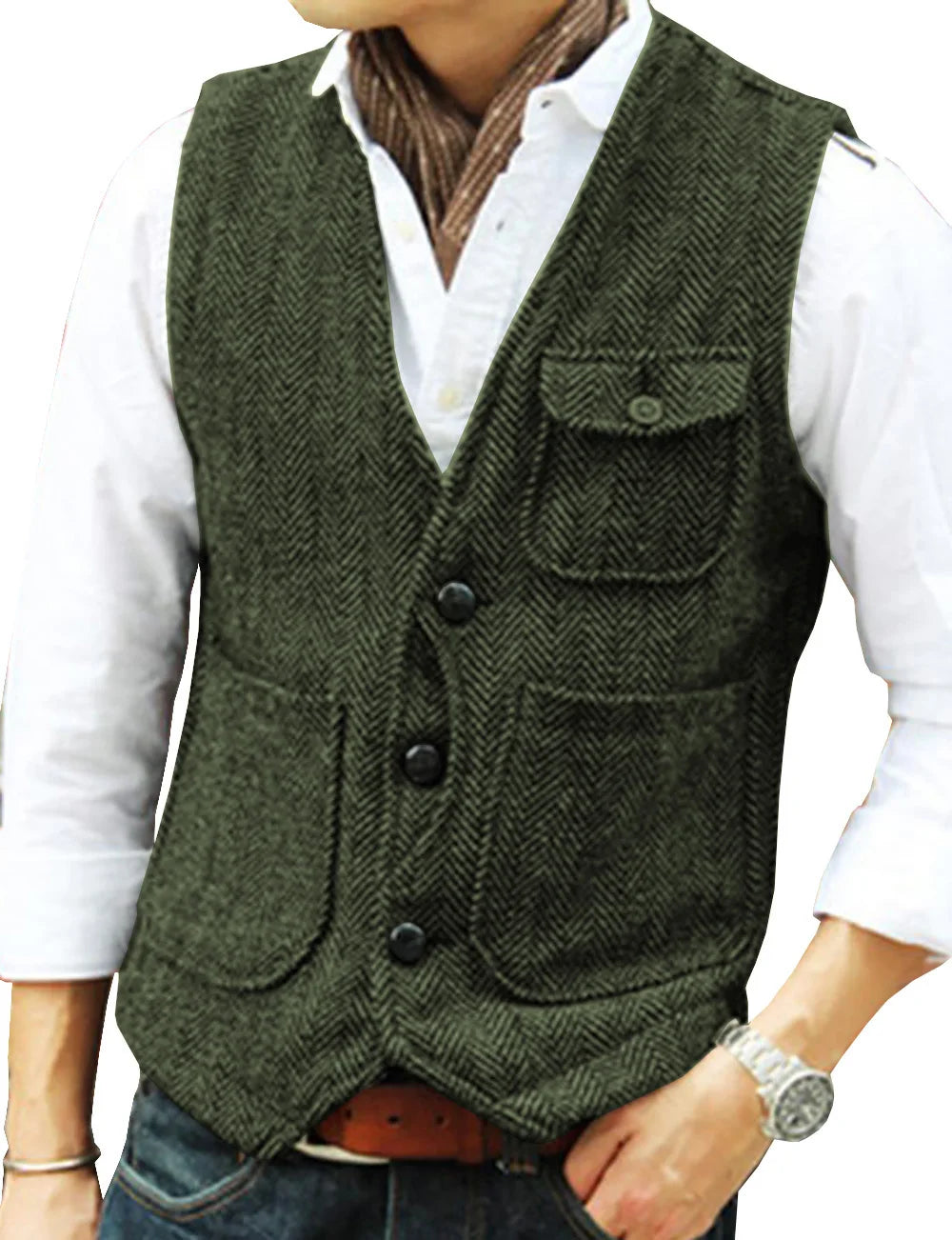 Men's Vest Brown Herringbone Wool Tweed V Neck Single Breasted Retro Tooling Vest Male Gentleman Business Waistcoat For Wedding voguable